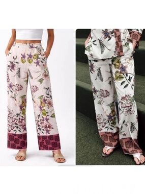 Zara Dragonfly Floral Print High-Waist Wide-Leg Chintz Palazzo Pants, Sz XL